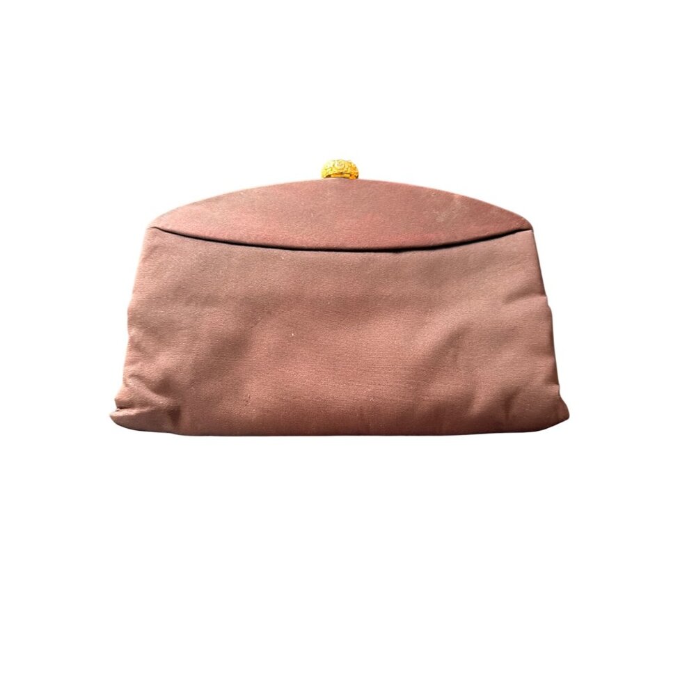 Vintage Lewis Brown Satin Clutch Burgundy Amber Stone Clasp ‎ Gold Trim Pocket